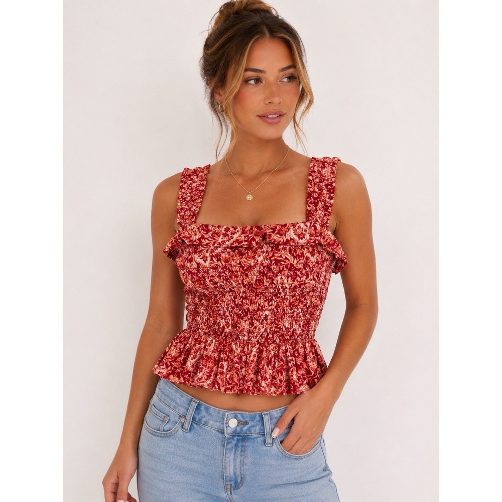 Angie Red Floral Smocked Peplum Tank Top Boho Cottagecore Small